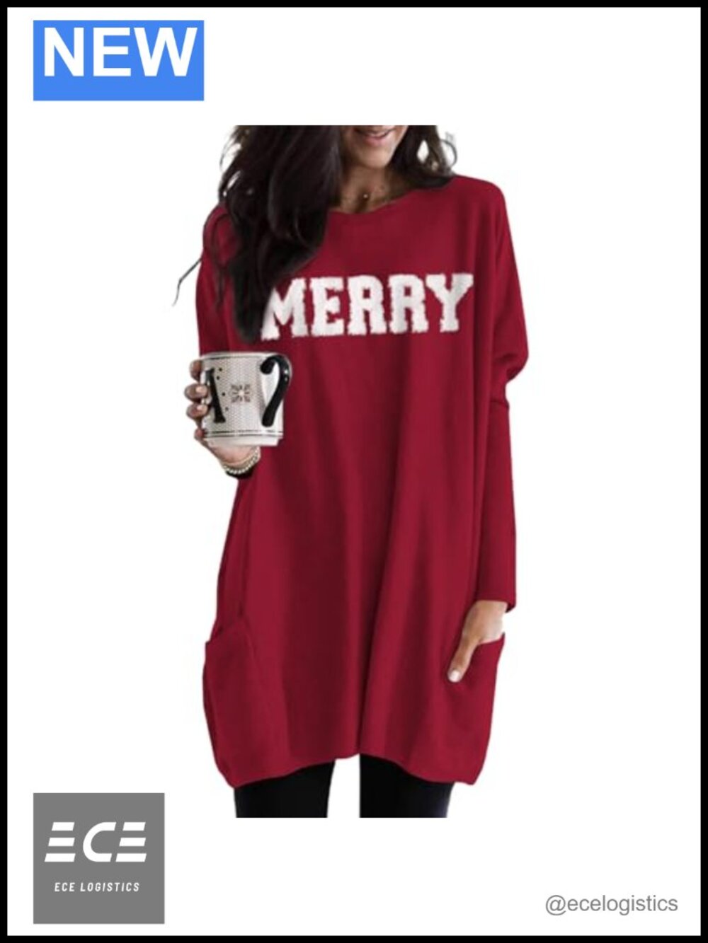 Merry Christmas Long Sleeve Tunic Top Chenille Patch Pocket Holiday Blouse